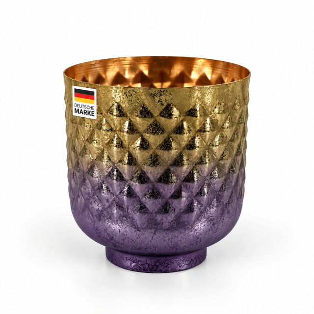 Pflanztopf Metall handgefertigt 23,5 cm hoch mit Ablaufstopfen, gold-violett